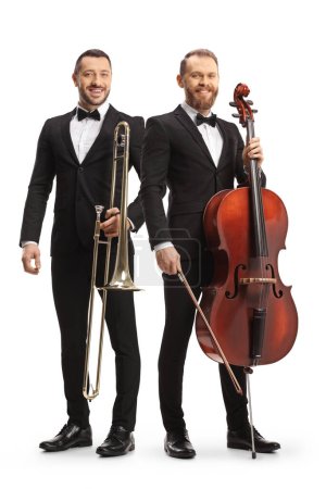 Photo for Full length portrait of male artists posing with a trombone and a cello isolated on white background - Royalty Free Image