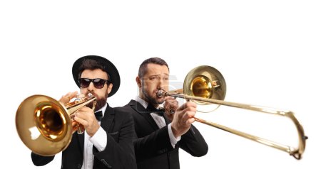 Photo for Male musicians playing a trombone and a trumpet isolated on white background - Royalty Free Image