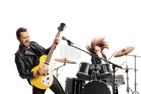 Photo for Rock band performing with a female drummer and a male guitairst isolated on white background - Royalty Free Image