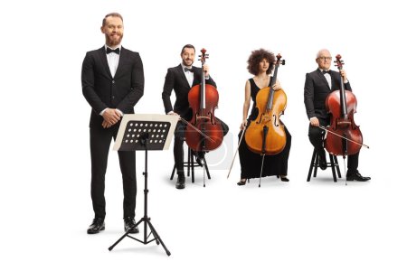 Foto de Group of male and female cellists and a music conductor posing isolated on white background - Imagen libre de derechos
