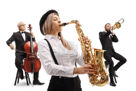 Photo for Woman playing a sax and two men in the back playing a trombone and a cello isolated on white background - Royalty Free Image