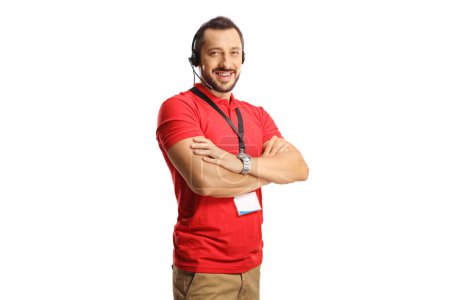 Téléchargez les photos : Male dispatcher wearing a headset with hands free microphone and smiling isolated on white background - en image libre de droit