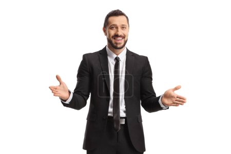 Photo for Young businessman gesturing with hands isolated on white background - Royalty Free Image