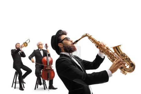Photo for Man playing a sax and other artists playing a trombone and a cello isolated on white background - Royalty Free Image