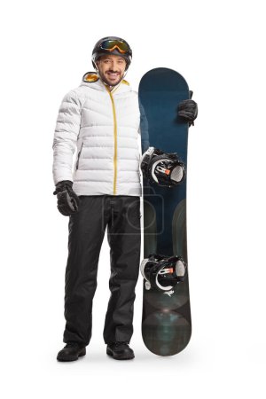 Téléchargez les photos : Full length portrait of a man with snowboard looking at camera isolated on white background - en image libre de droit