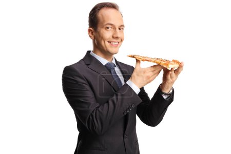Photo for Businessman eating pepperoni pizza isolated on white background - Royalty Free Image