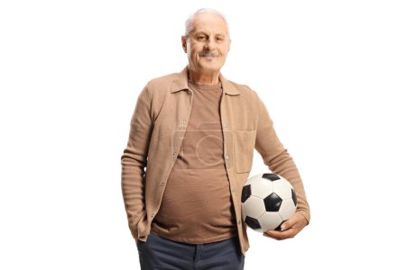 Téléchargez les photos : Elderly man holding a football isolated on white background - en image libre de droit