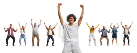 African american young man cheering and other people behind raising arms isolated on white background
