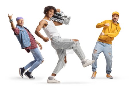 Foto de Punk, caucasian and an african american man dancing with a boombox isolated on white background - Imagen libre de derechos
