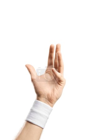 Téléchargez les photos : Main d'athlète masculine avec un bracelet de sport blanc isolé sur fond blanc - en image libre de droit