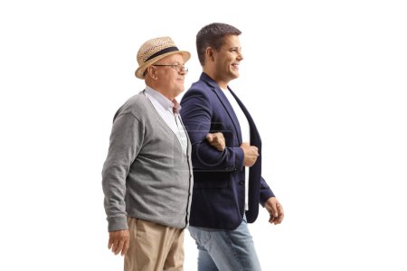 Photo for Elderly and youner man walking together isolated on white background - Royalty Free Image