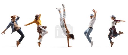 Photo for African american guy performing a handstand and other people dancing isolated on white background - Royalty Free Image