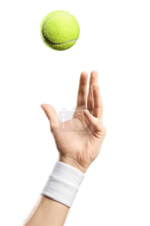 Téléchargez les photos : Main masculine avec un bracelet lançant une balle de tennis isolée sur fond blanc - en image libre de droit