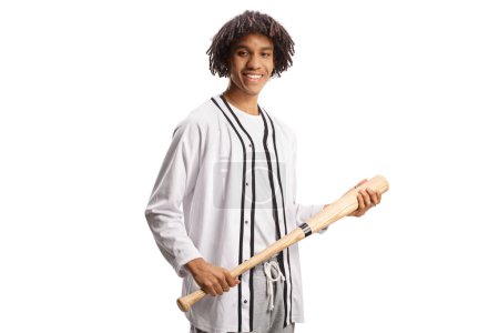 Foto de African american guy holding a baseball bat and smiling isolated on white background - Imagen libre de derechos