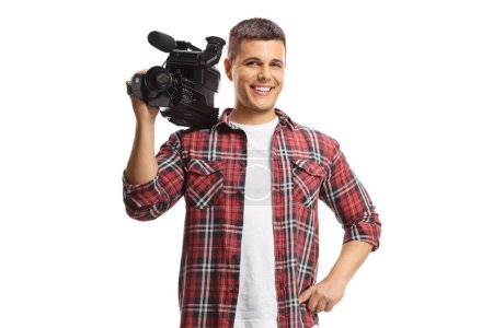 Foto de Man holding a professional recording camera on shoulder and smiling isolated on white background - Imagen libre de derechos