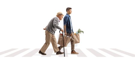 Téléchargez les photos : Full length profile shot of a young man helping a senior with grocery bags on a pedestrian crossing isolated on white background - en image libre de droit