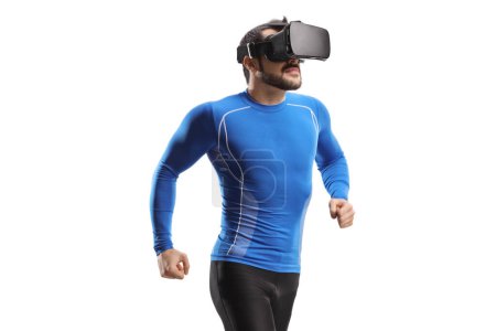 Téléchargez les photos : Man jogging with VR goggles isolated on white background - en image libre de droit