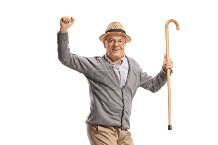 Photo for Elderly man with a cane jumping and gesturng happiness isolated on white background - Royalty Free Image