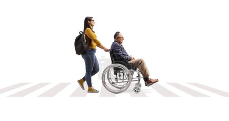 Téléchargez les photos : Full length profile shot of a young woman pushing a mature man in a wheelchair on a pedestrian crossing isolated on white background - en image libre de droit