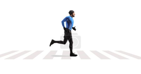 Photo for Male runner on a pedestrian crossing isolated on white background - Royalty Free Image
