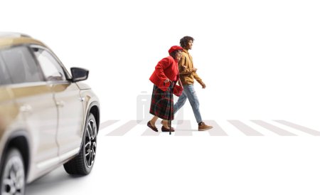Photo for Vehicle waiting at a pedestrian crossing and young man helping an elderly crossing a street isolated on white background - Royalty Free Image
