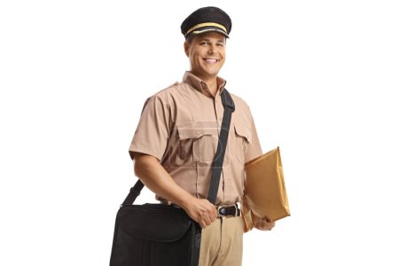 Photo for Portrait of a postman in a uniform carrying a bag and a letter isolated on white background - Royalty Free Image