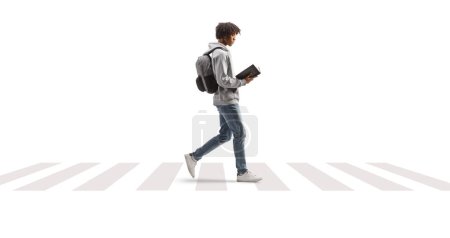 Téléchargez les photos : Profil complet d'un jeune homme afro-américain marchant et lisant un livre à un passage pour piétons isolé sur fond blanc - en image libre de droit