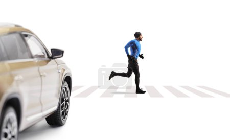 Photo for Male runner at a pedestrian crossing and car waiting isolated on white background - Royalty Free Image