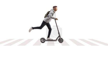 Photo for Full length shot of a male student with a backpack riding an electric scooter at pedestrian zebra crossing isolated on white background - Royalty Free Image