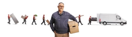 Photo for Movers loading a van with household items and a mature male customer holding a box isolated on white background - Royalty Free Image