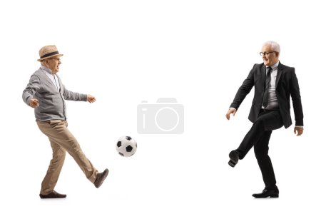 Photo for Full length profile shot of a businessman and an elderly man playing football isolated on white background - Royalty Free Image