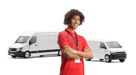 Photo for African american male courier posing in front of transport vans isolated on white background - Royalty Free Image