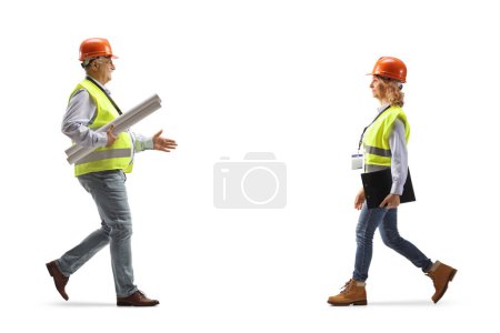 Téléchargez les photos : Plan de profil complet d'un ingénieur portant des plans et marchant vers une ingénieure isolée sur fond blanc - en image libre de droit
