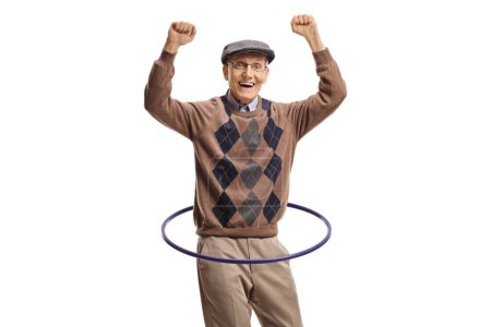 Photo for Happy elderly man spinning a hula hoop isolated on white background - Royalty Free Image