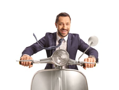 Photo for Businessman riding a silver scooter and smiling isolated on white background - Royalty Free Image