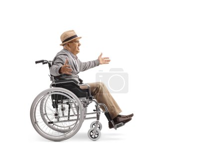 Photo for Elderly man sitting in a wheelchair and spreading arms isolated on white background - Royalty Free Image