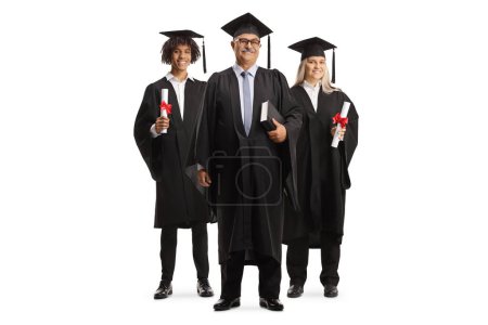 Photo for Full length portrait of graduate students posing with the dean isolated on white background - Royalty Free Image