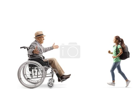 Photo for Schoolgirl running towards an elderly man in a wheelchair isolated on white background - Royalty Free Image