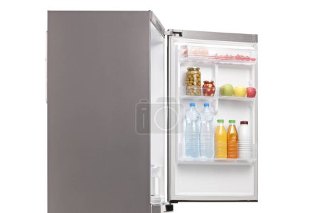 Photo for Fridge with an open door with food and drinks isolated on white background - Royalty Free Image