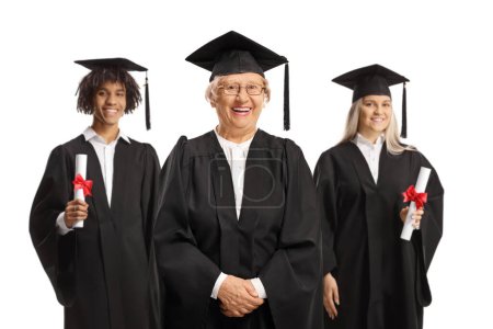 Photo for Mature female professor and graduate students posing isolated on white background - Royalty Free Image