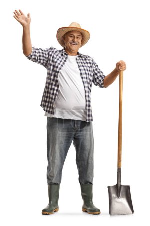 Téléchargez les photos : Portrait complet d'un fermier mature heureux avec une pelle agitant et souriant isolé sur fond blanc - en image libre de droit