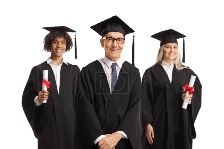 Photo for Senior professor and graduate students in gowns posing isolated on white background - Royalty Free Image
