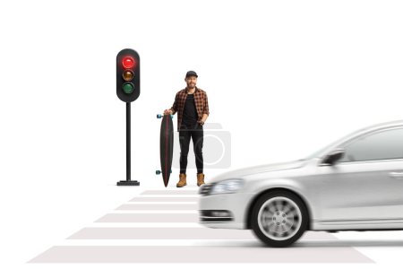 Photo for Man with a longboard waiting at traffic lights isolated on white background - Royalty Free Image