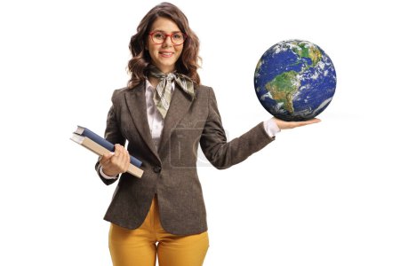 Photo for Young woman holding books with one hand and the planet earth on the other hand isolated on hite background - Royalty Free Image
