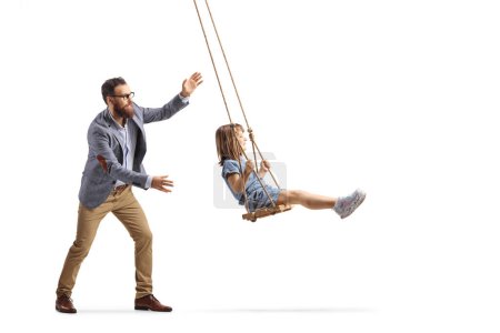 Photo for Father pushing a little girl on a swing isolated on white background - Royalty Free Image