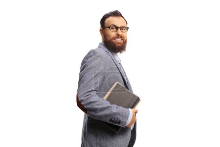 Photo for Bearded man with glasses holding books and smiling isolated on white background - Royalty Free Image