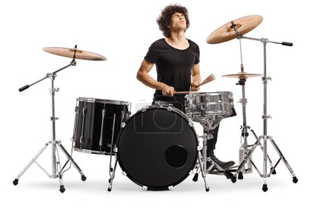 Photo for Male performer playing drums isolated on white background - Royalty Free Image
