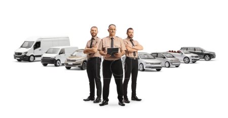 Photo for Security guards in uniforms standing in front of parked vehicles isolated on white background - Royalty Free Image
