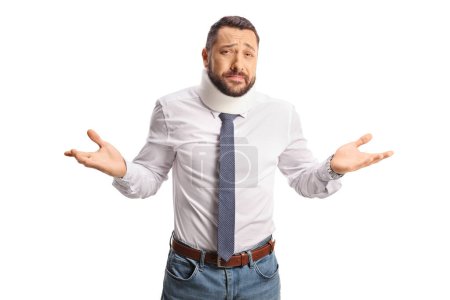 Photo for Young injured man with a cervical collar gesturing with hands isolated on white background - Royalty Free Image