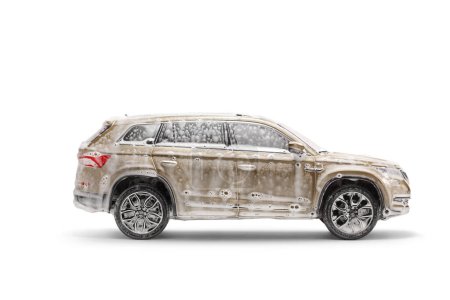 Photo for SUV covered in foam and soap for car wash isolated on white background - Royalty Free Image